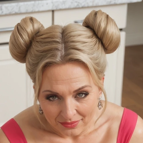 Ela Ann: A blonde updo and a direct gaze in a cropped kitchen portrait.