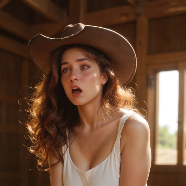 Jolene: A brown hat and white blouse against a rustic barn backdrop.