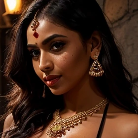 Priya: Dark hair, warm side lighting and a softly blurred interior.